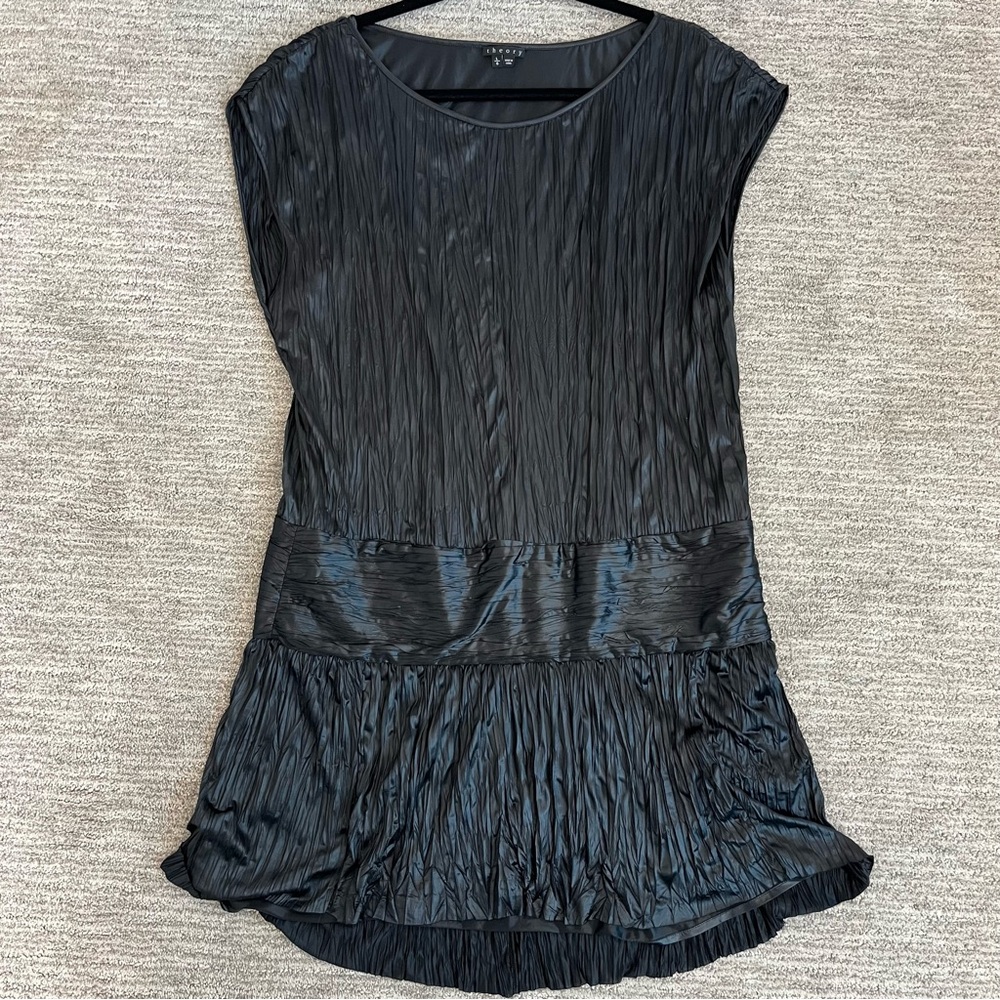 Theory Women’s Black Satin Crinkle Mini Dress Large Dolman Sleeve Pleated Tunic